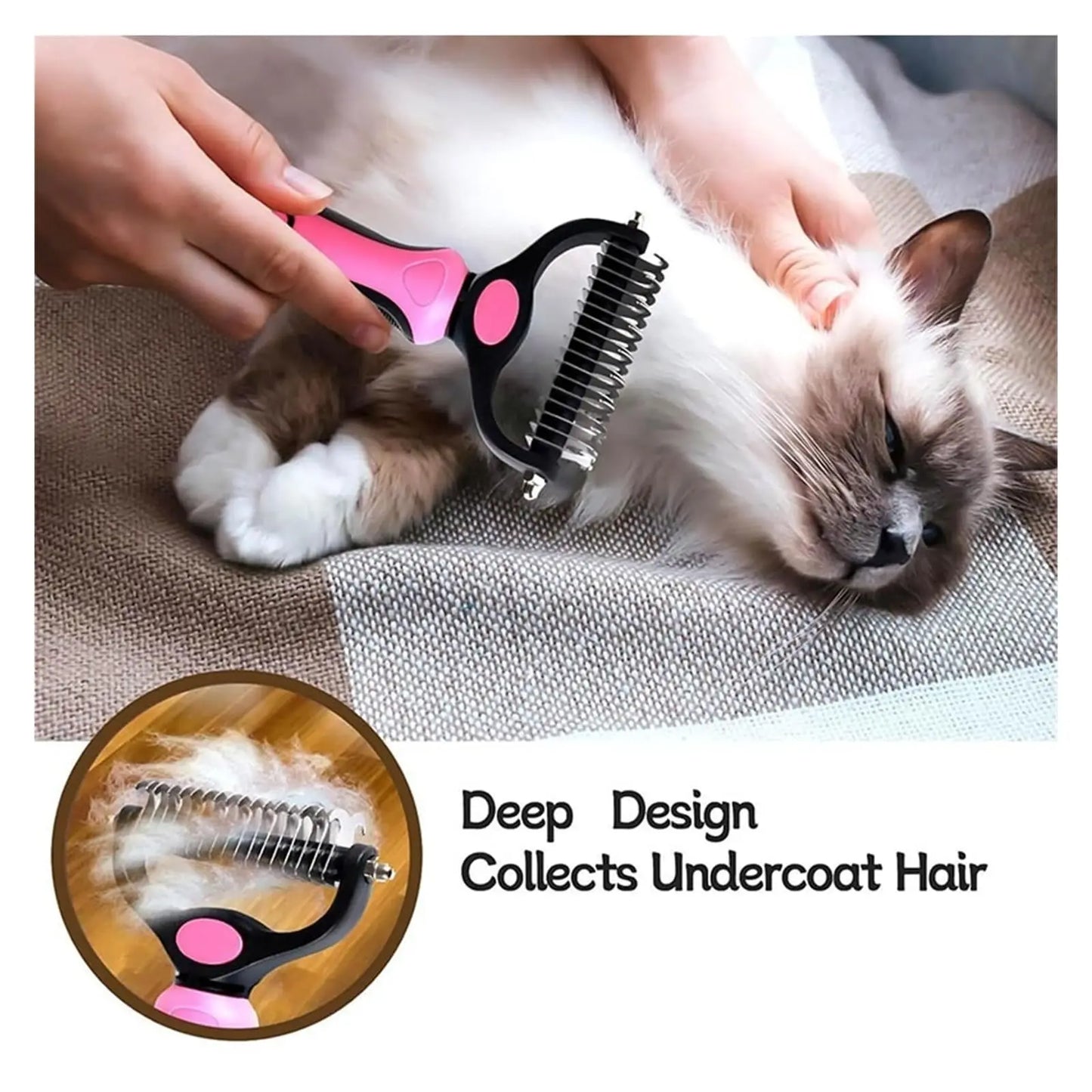 Pet Deshedding Brush and Cat Comb - Pain-Free Dematting Undercoat Rake for Dogs and Cats, Double-Sided Shedding Tool for Effective Tangle Removal and Reducing Loose Hair and Mats