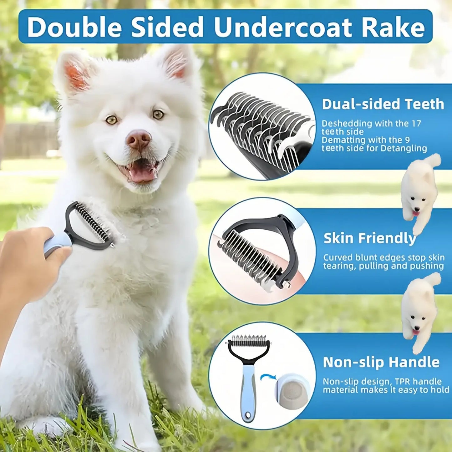 Ihubei Double-Sided Pet Grooming Rake – Deshedding & Dematting Undercoat Brush for Dogs & Cats, Wide Comb for Long Hair, Reduces Shedding
