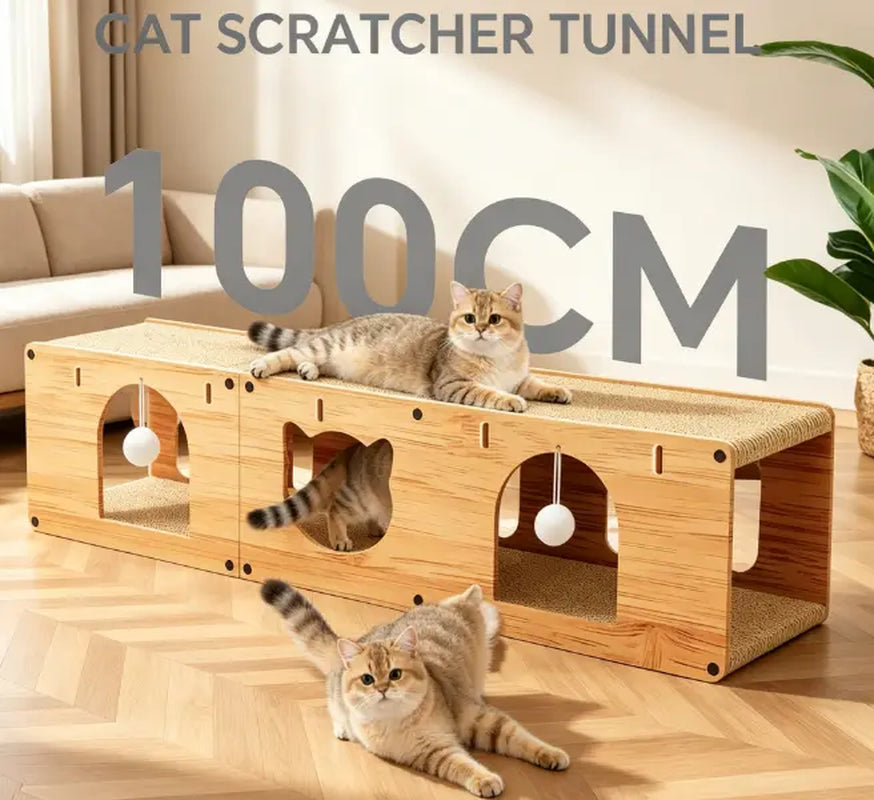 Cat Toy Multi-Level Cat Tunnel Scratcher, Durable Cardboard Cat Cave with Hanging Ball Toy, for Small & Medium Cats Cat Tower