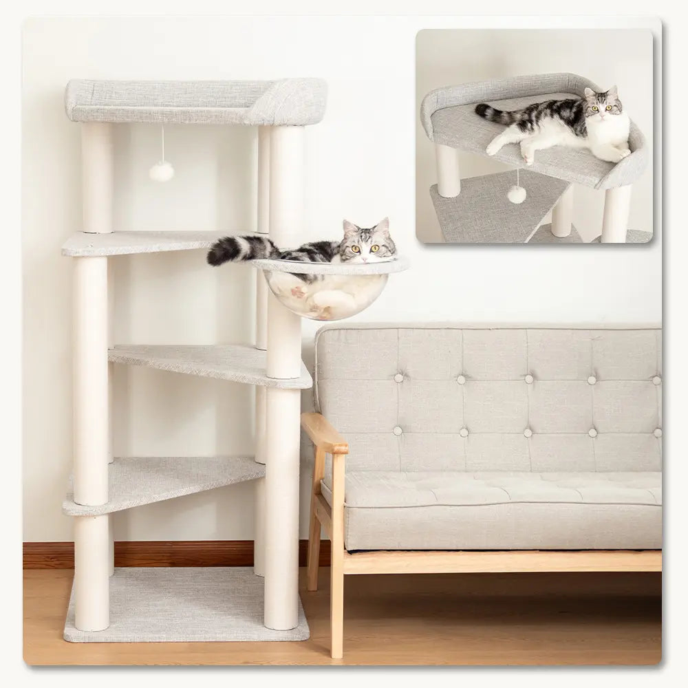 PETTIFUL Cat Tower Cat Tree for Indoor Cats, 53” Tall Modern Cat Tower with Acrylic Bowl Bed & Multi-Level Platforms, Stable Cat Condo for Large Cats