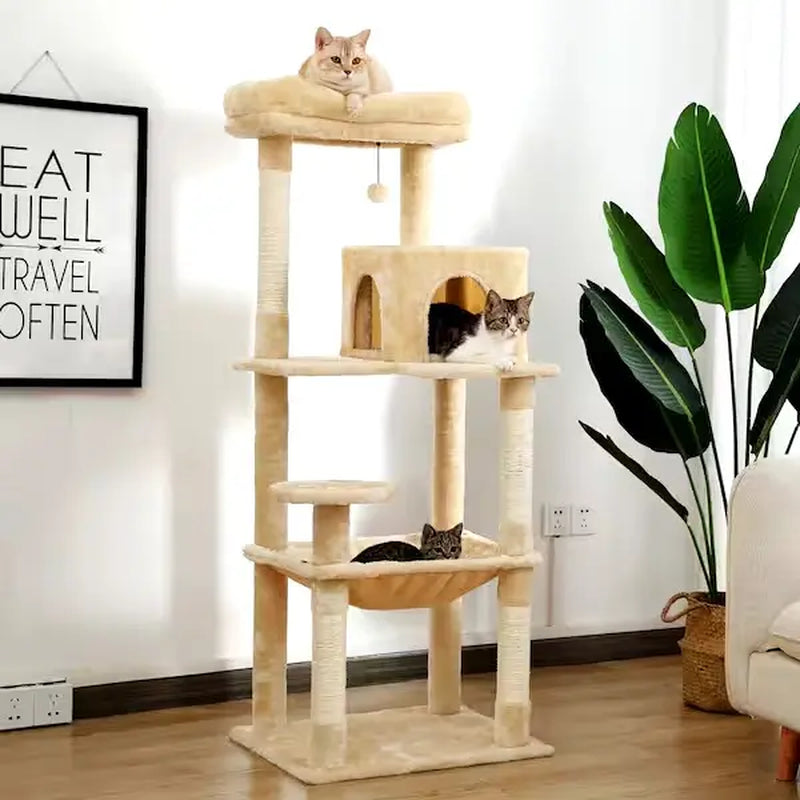 Luxury Cat Tree Cat Tower with Sisal Scratching Post, Cozy Condo, Top Perch, Hammock and Dangling Ball Beige