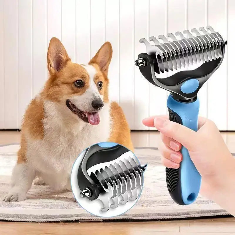 Pet Deshedding Brush and Cat Comb - Pain-Free Dematting Undercoat Rake for Dogs and Cats, Double-Sided Shedding Tool for Effective Tangle Removal and Reducing Loose Hair and Mats
