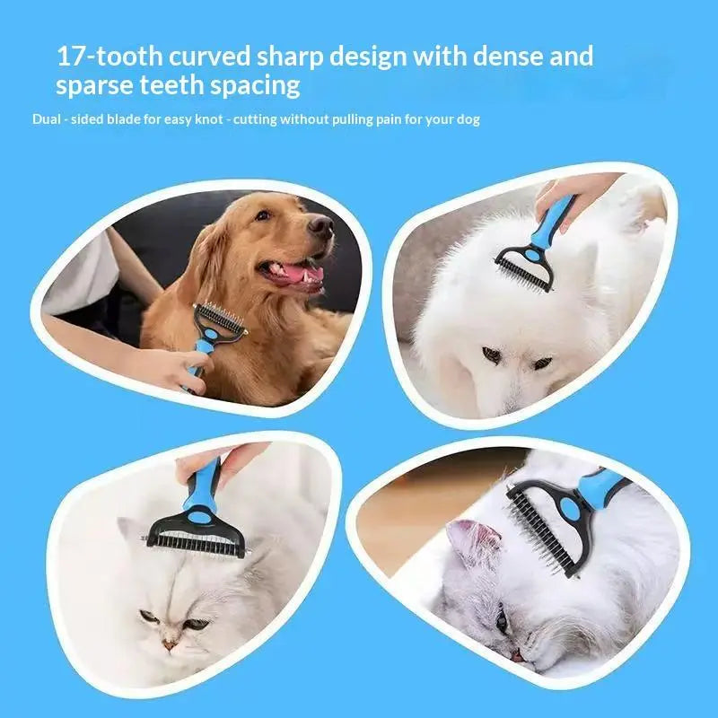 Pet Deshedding Brush and Cat Comb - Pain-Free Dematting Undercoat Rake for Dogs and Cats, Double-Sided Shedding Tool for Effective Tangle Removal and Reducing Loose Hair and Mats