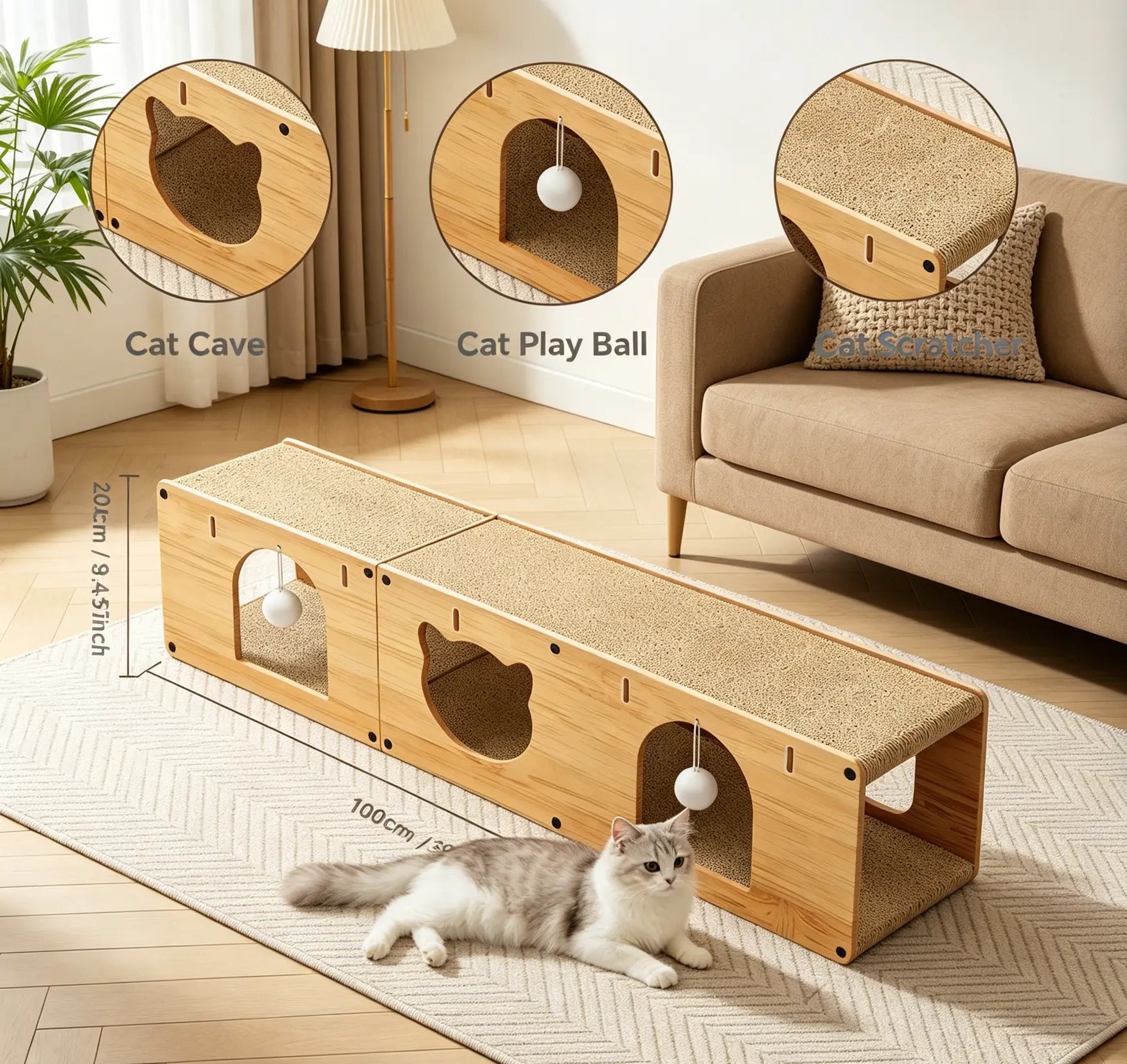 Cat Toy Multi-Level Cat Tunnel Scratcher, Durable Cardboard Cat Cave with Hanging Ball Toy, for Small & Medium Cats Cat Tower