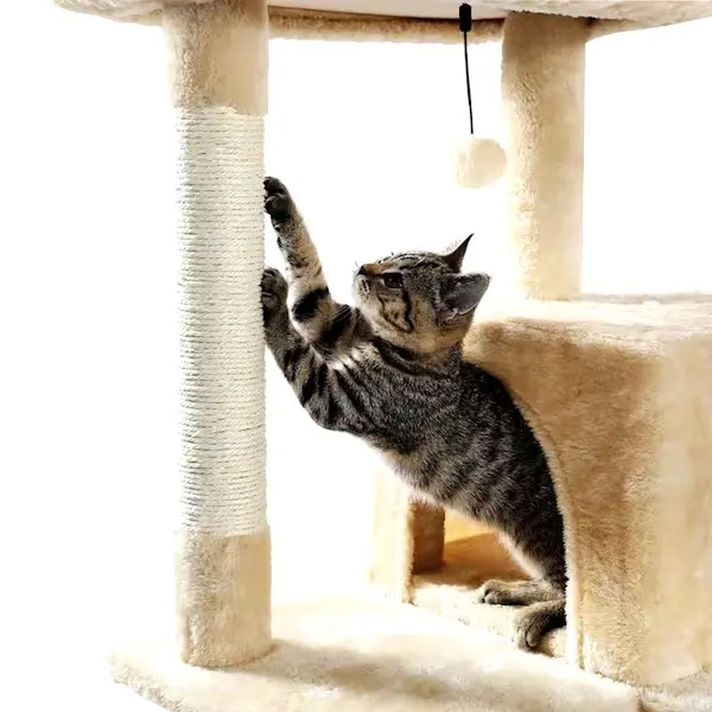 Luxury Cat Tree Cat Tower with Sisal Scratching Post, Cozy Condo, Top Perch, Hammock and Dangling Ball Beige