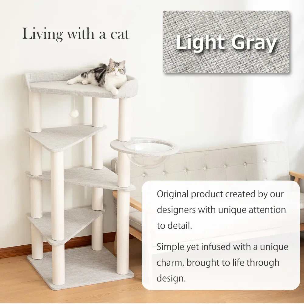 PETTIFUL Cat Tower Cat Tree for Indoor Cats, 53” Tall Modern Cat Tower with Acrylic Bowl Bed & Multi-Level Platforms, Stable Cat Condo for Large Cats
