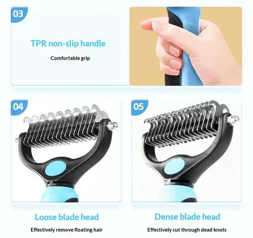 Pet Deshedding Brush and Cat Comb - Pain-Free Dematting Undercoat Rake for Dogs and Cats, Double-Sided Shedding Tool for Effective Tangle Removal and Reducing Loose Hair and Mats
