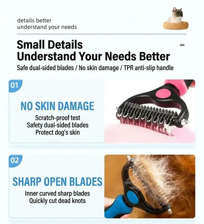 Pet Deshedding Brush and Cat Comb - Pain-Free Dematting Undercoat Rake for Dogs and Cats, Double-Sided Shedding Tool for Effective Tangle Removal and Reducing Loose Hair and Mats