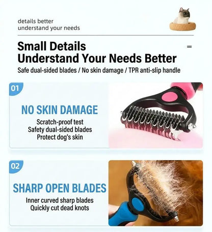Pet Deshedding Brush and Cat Comb - Pain-Free Dematting Undercoat Rake for Dogs and Cats, Double-Sided Shedding Tool for Effective Tangle Removal and Reducing Loose Hair and Mats