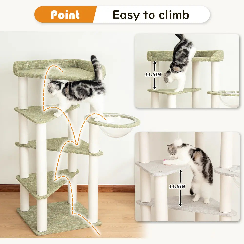 PETTIFUL Cat Tower Cat Tree for Indoor Cats, 53” Tall Modern Cat Tower with Acrylic Bowl Bed & Multi-Level Platforms, Stable Cat Condo for Large Cats