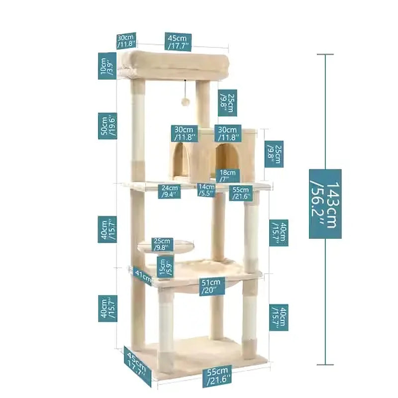 Luxury Cat Tree Cat Tower with Sisal Scratching Post, Cozy Condo, Top Perch, Hammock and Dangling Ball Beige