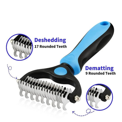 Pet Deshedding Brush and Cat Comb - Pain-Free Dematting Undercoat Rake for Dogs and Cats, Double-Sided Shedding Tool for Effective Tangle Removal and Reducing Loose Hair and Mats